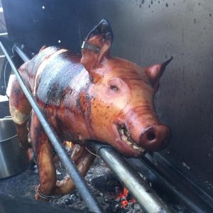 Varkentje aan 't spit Een varkentje aan 't spit boven een houtvuur.